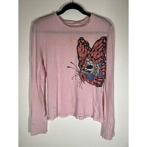 Vintage Y2K RARE Grail pink long slv tshirt butterfly graphic L retro coquette